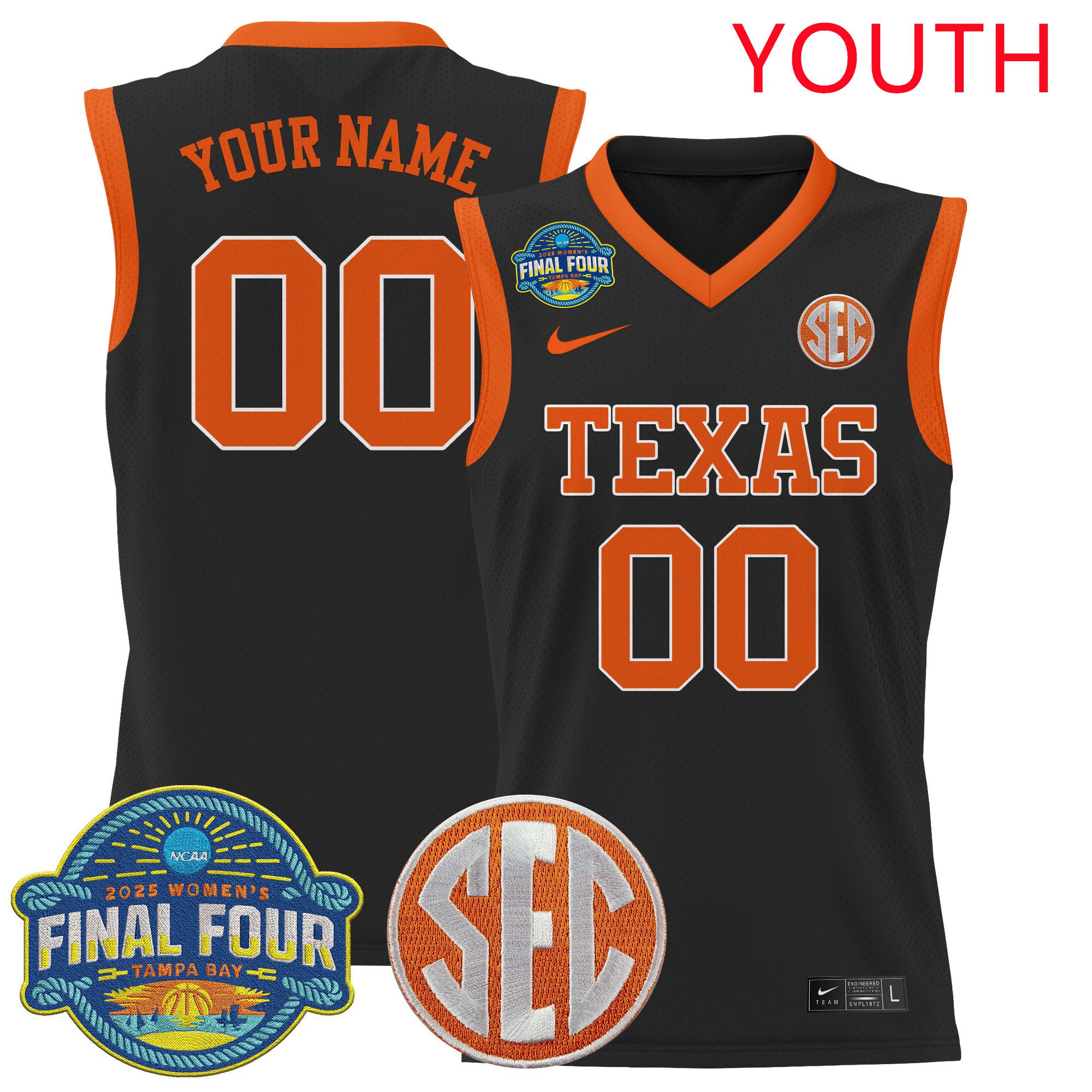 Youth Texas Longhorns Black 2025 Nike Final Four Patch Lightweight Basketball Custom NCAA Jersey->customized ncaa jersey->Custom Jersey